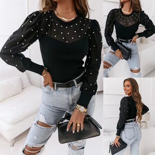 Mesh Beaded Stitching | Long-sleeved Solid Color Top