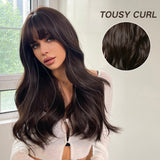 Long Brown Wigs With Bangs | Wave Synthetic For Women