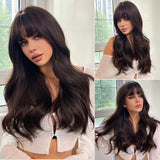 Long Brown Wigs With Bangs | Wave Synthetic For Women